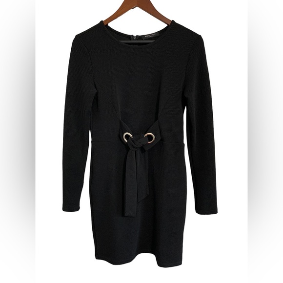 Romeo + Juliet Couture Black Textured Shift Dress Tie Belt Long Sleeve Medium - Picture 2 of 11